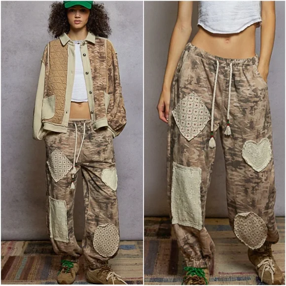 POL Camo Print  Heart  Floral patchwork Cotton Joggers Pants - Picture 3 of 3